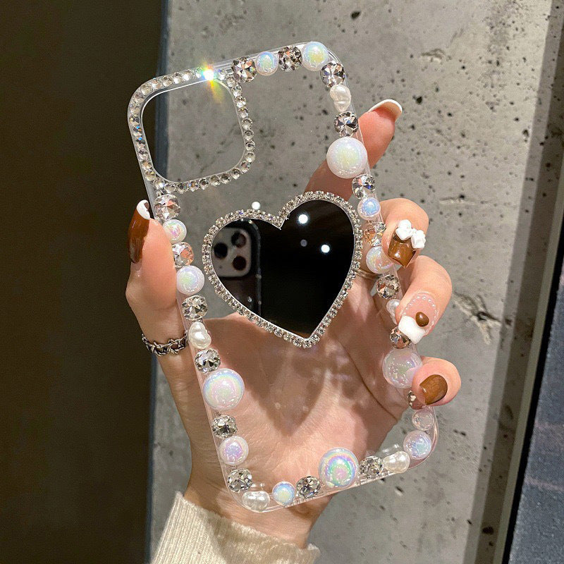Luxury Pearl Rhinestone Mirror iPhone Case front view