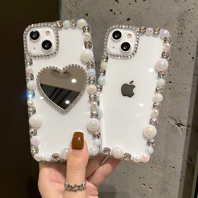 Mirror finish iPhone case with pearls and rhinestones
