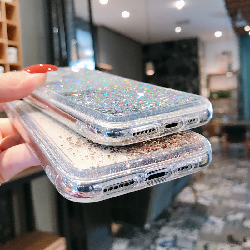 Close-up of iPhone case showing liquid sand design