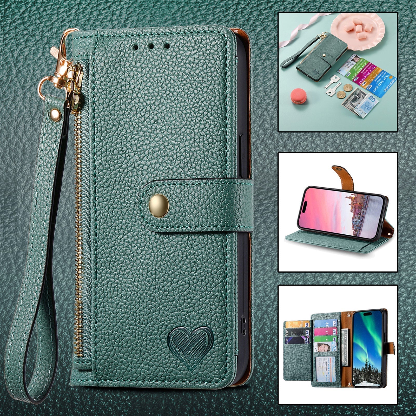 green heart-shaped case with adjustable strap