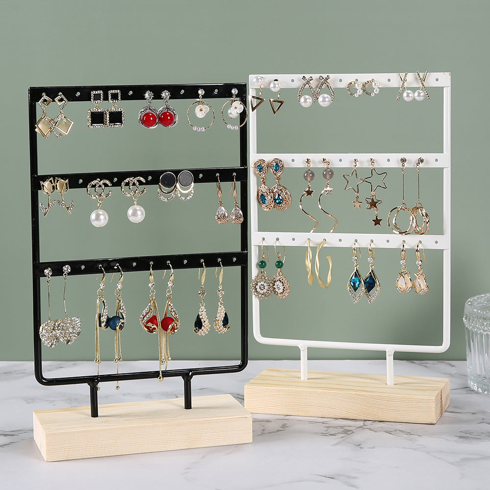 Black Metal Earring Organiser with Wooden Base - Image 4