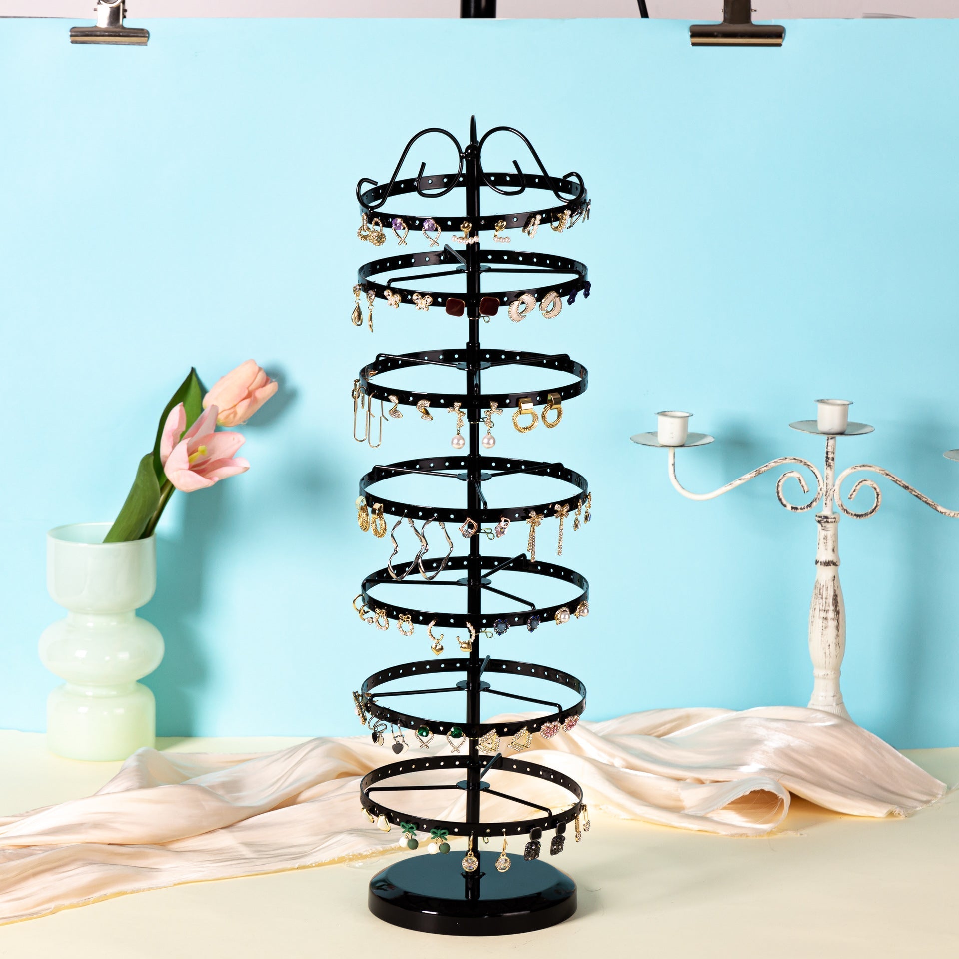 Close up of 5-tier metal earring organizer