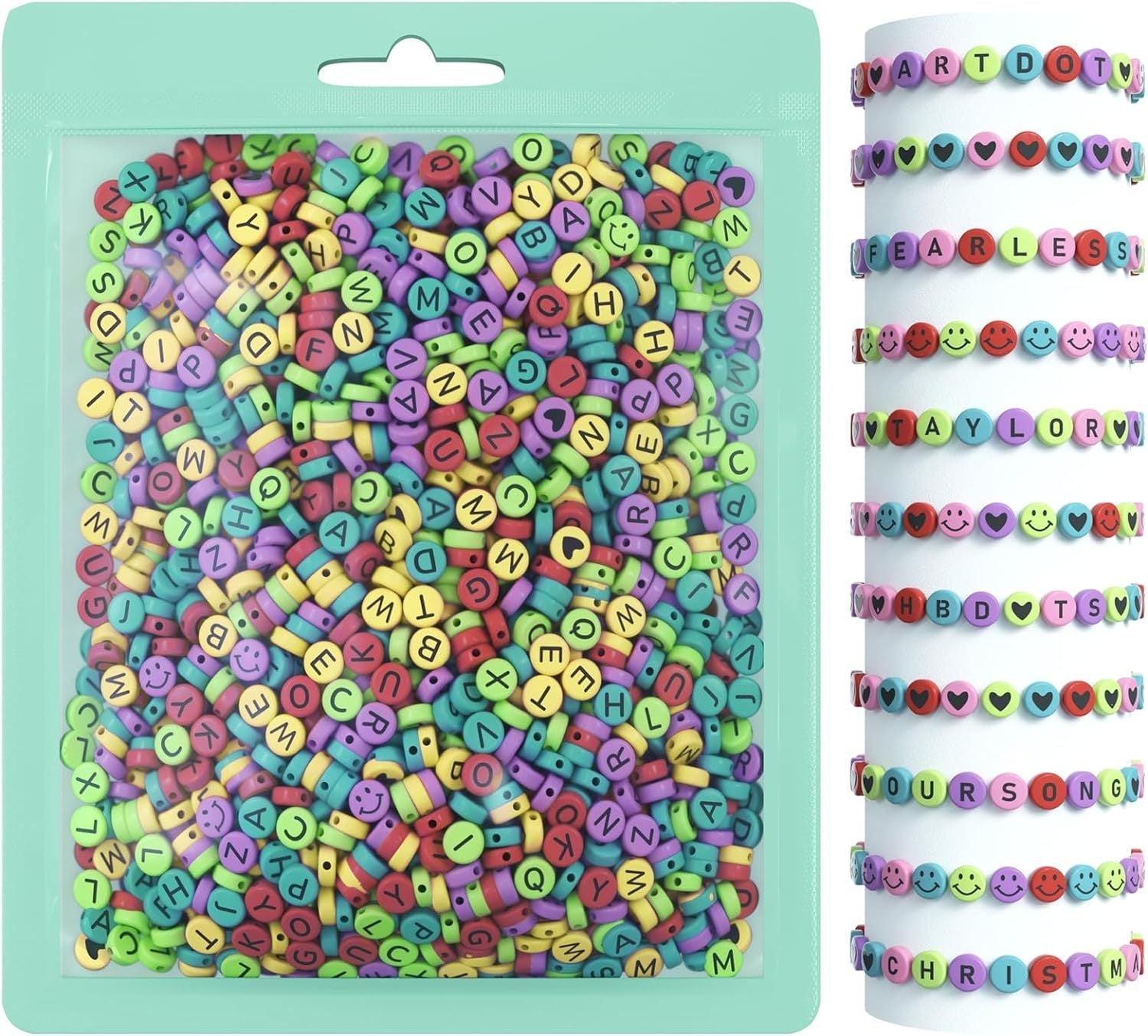 Acrylic letter beads arranged in a pattern