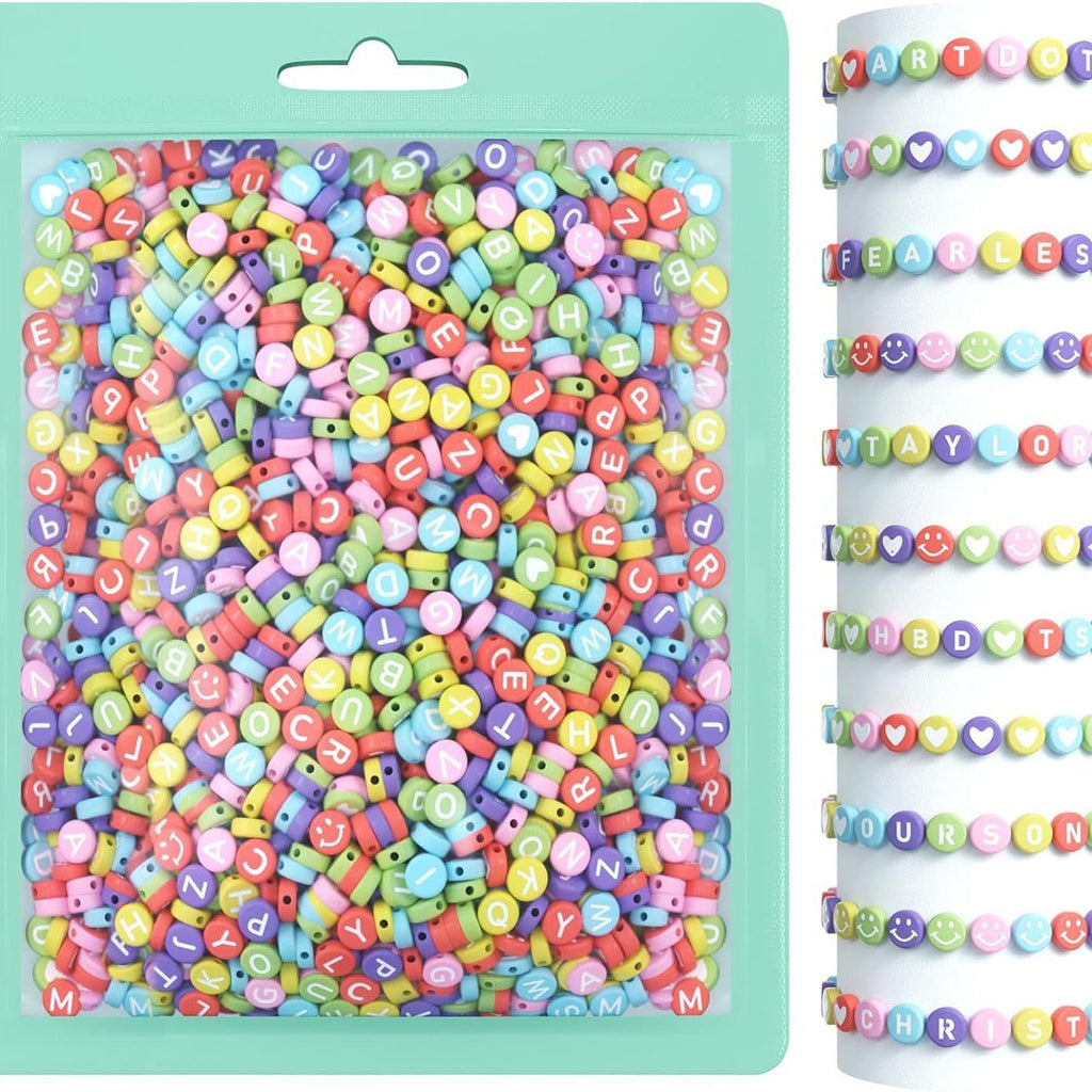 Various coloured heart and smiley face beads from the kit