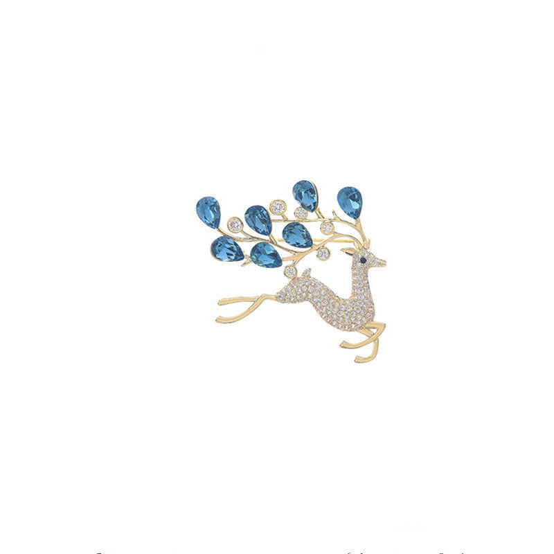 Front view of the stylish blue crystal deer brooch