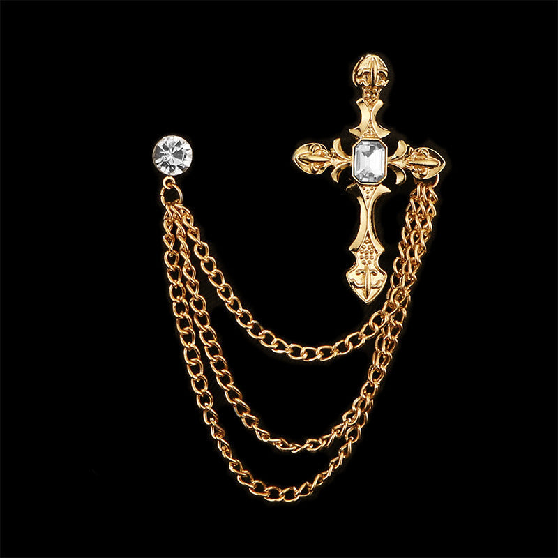 Elegant silver cross brooch pin with rhinestones