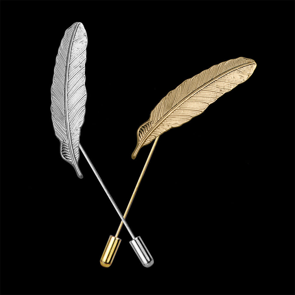 Stylish feather lapel pin on a dark suit