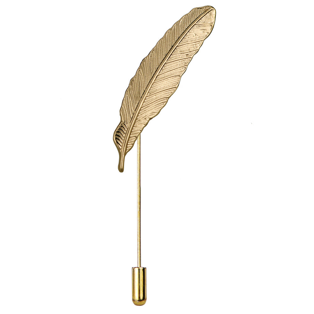 Feather lapel pin set on a formal coat