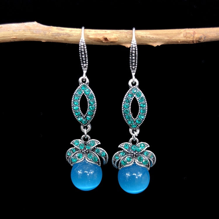 Beautiful Cat Eye Stone Earrings with Crystals Image 2