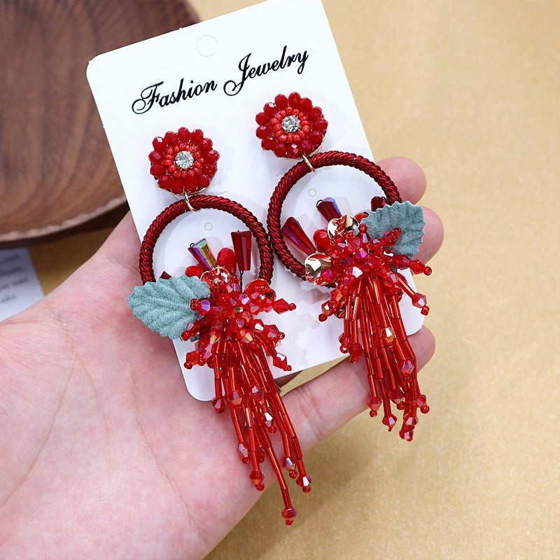 Bohemian crystal flower earrings with tassels