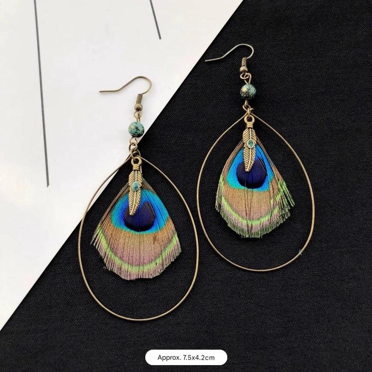 Bohemian Peacock Feather Tassel Earrings image 1