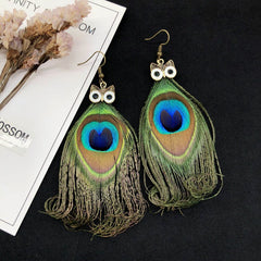 Vintage owl and peacock feather earrings image 1