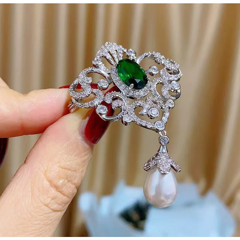 Elegant Green Zircon Brooch on a coat
