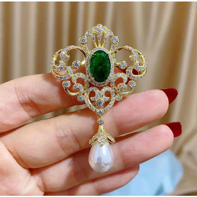 Stylish Floral Green Zircon Pin for jackets