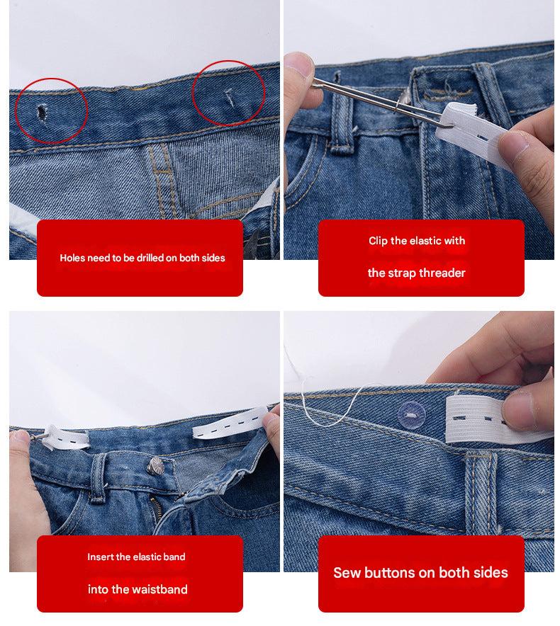 Adjustable high-waist denim trouser belt showcased