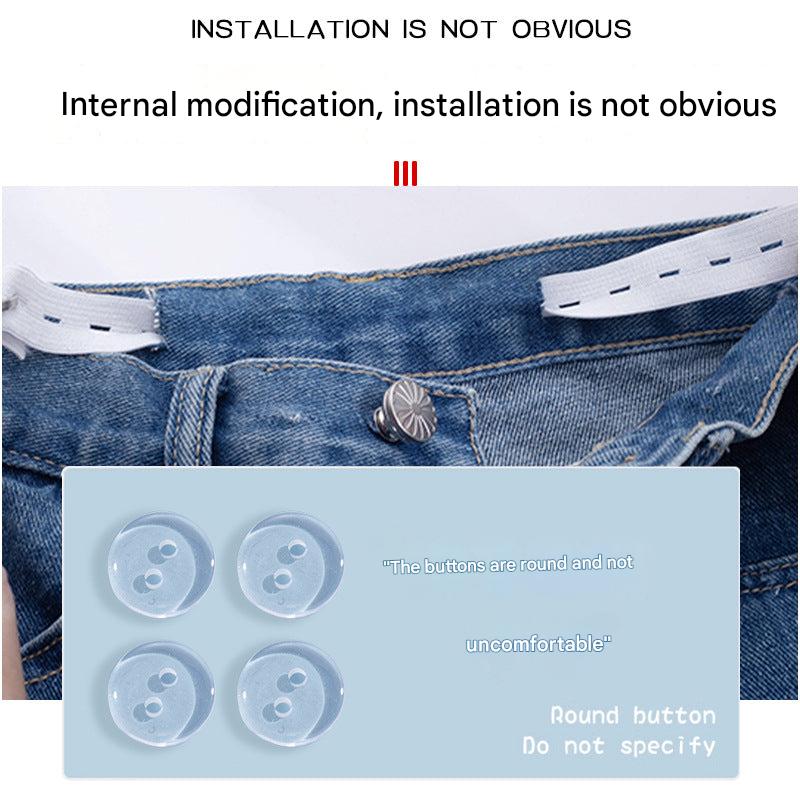 Close-up of the adjustable waistband strap on denim
