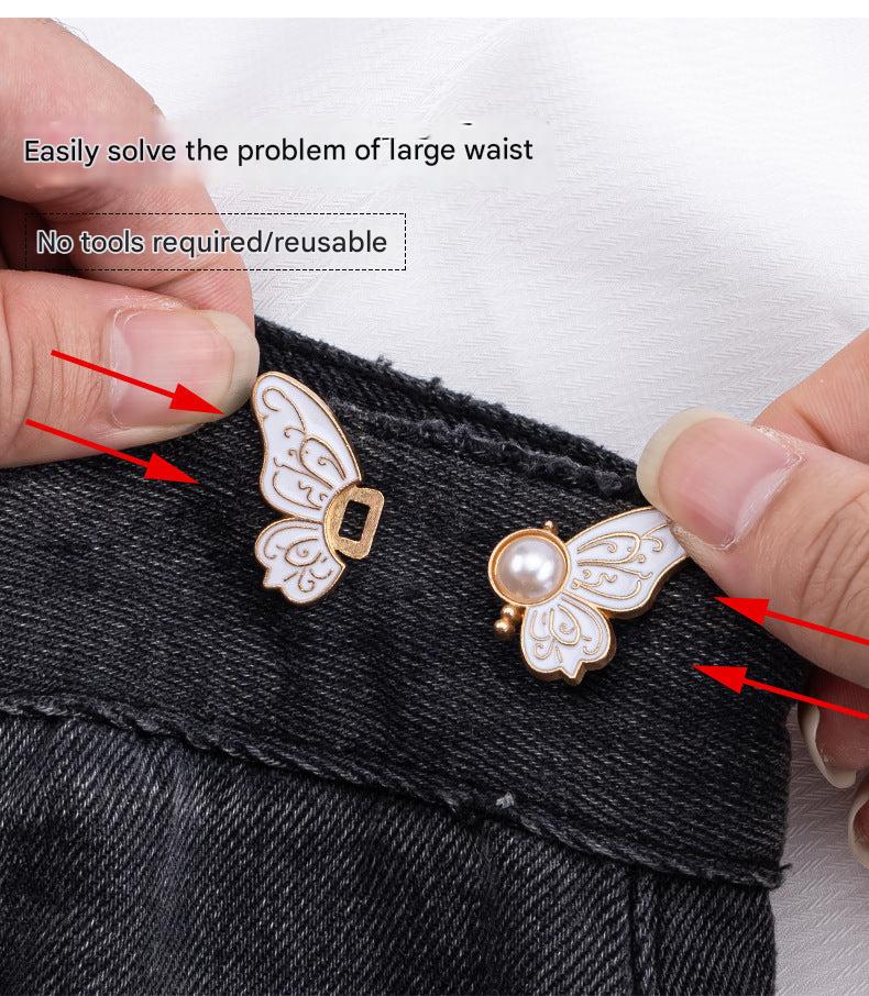 Installation of no sew waist button on jeans