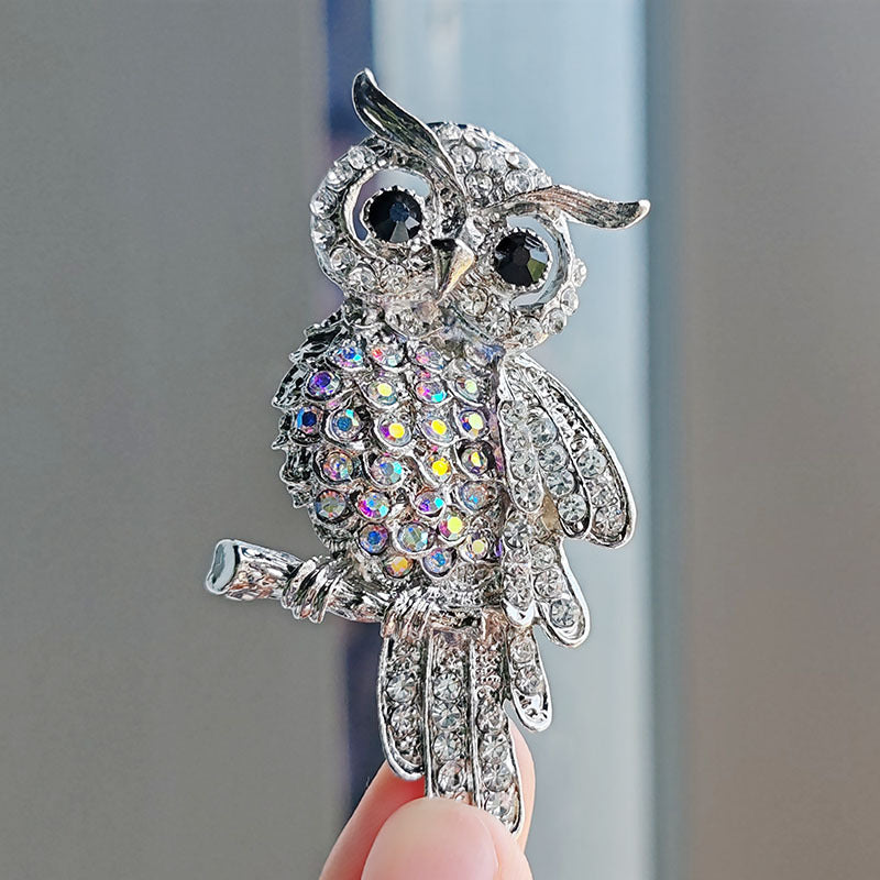 Close-up of crystal details in owl brooch