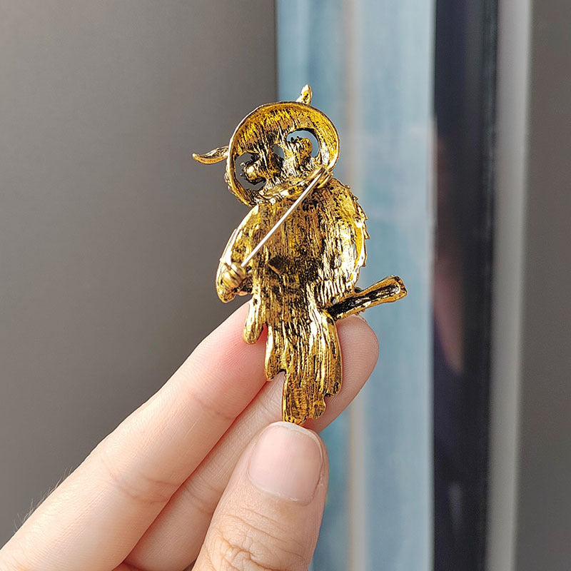 Charming owl pin worn on a jacket