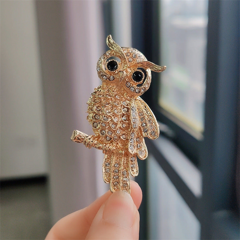 Stylish owl brooch against a white background