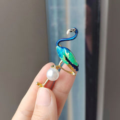 Stylish Enamel Flamingo Pearl Brooch - Image 1