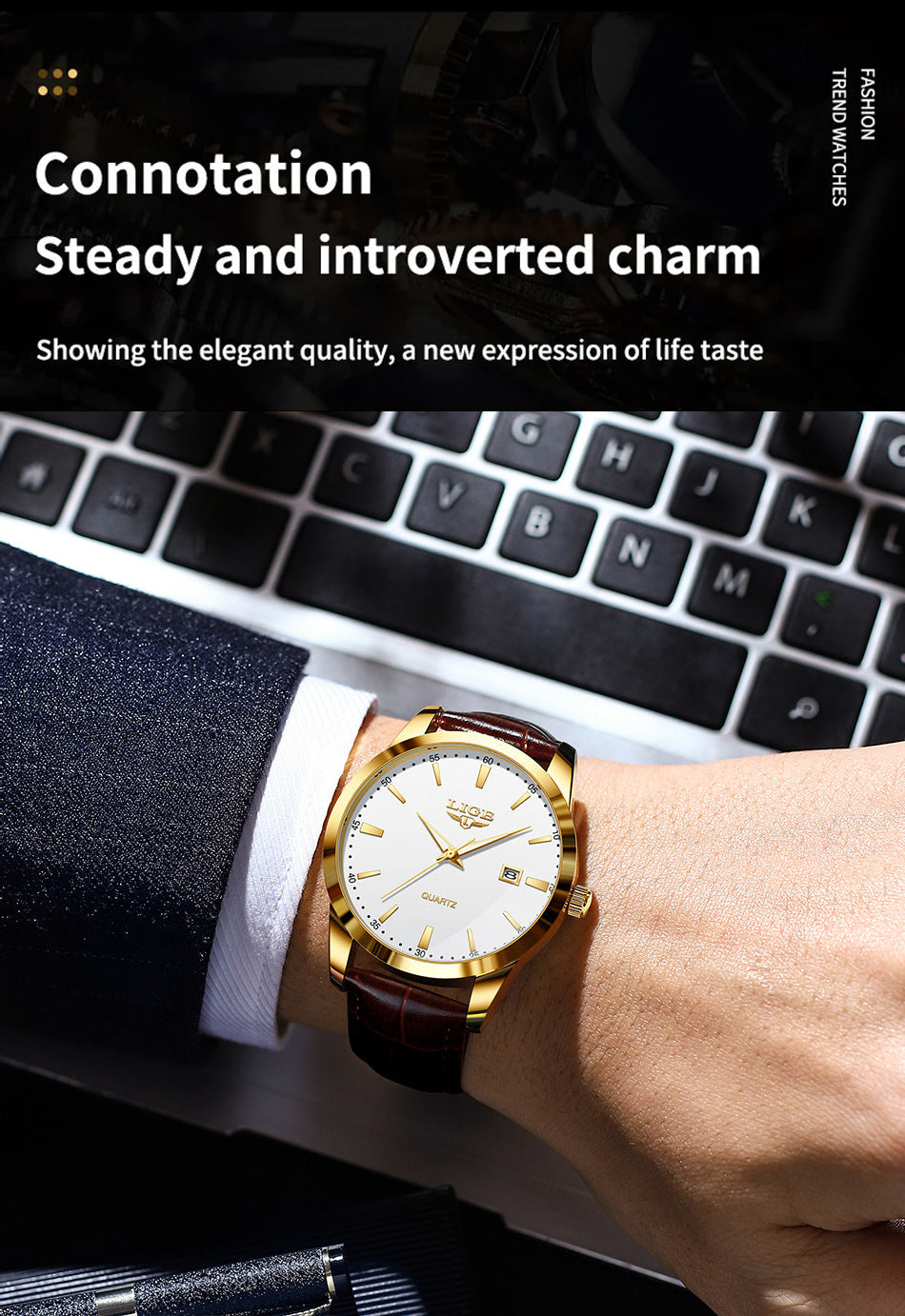Side view of LIGE watch showcasing leather strap