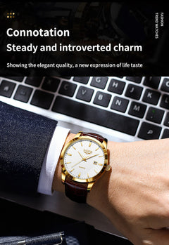 Side view of LIGE watch showcasing leather strap