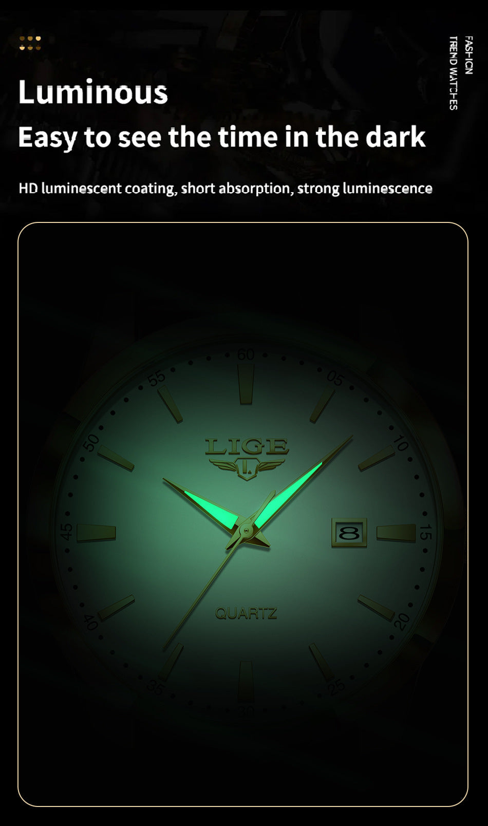 Close-up of LIGE watch with date feature