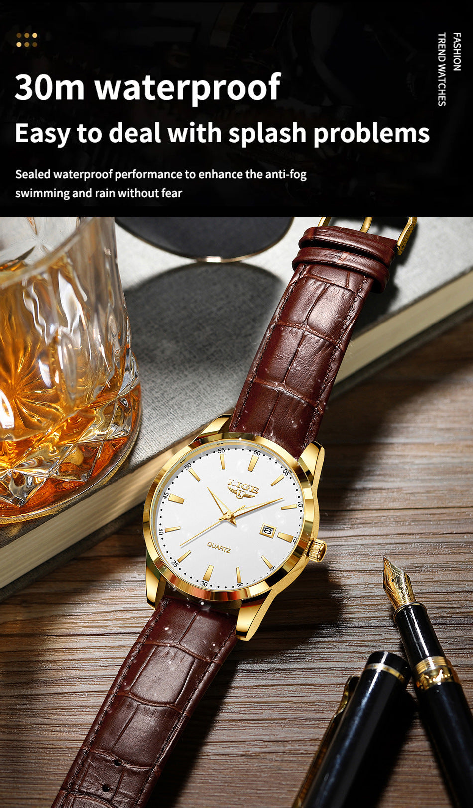 LIGE men's quartz watch on a flat surface