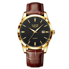 Side view of LIGE watch showcasing leather strap
