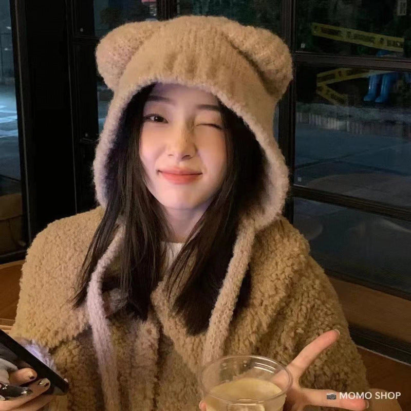 Close-up of the bear ear plush winter hat
