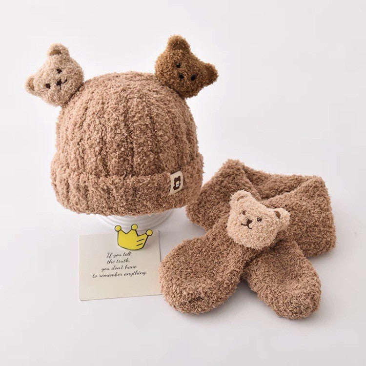 Cute bear winter hat and scarf set in pink and cream
