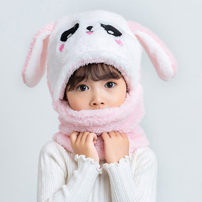 Front view of kids bear ear winter hat and scarf set