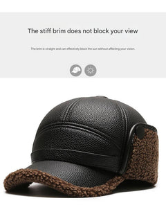 Warm PU leather winter hat for men with ear flaps