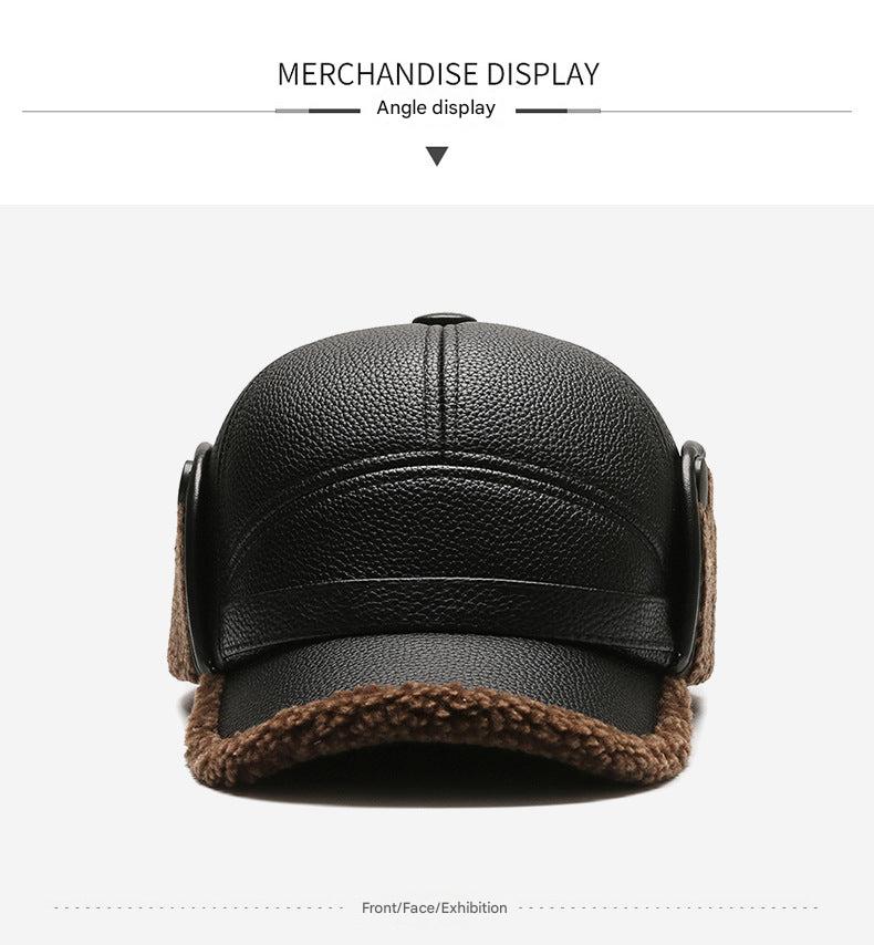 Brown PU leather winter hat for elderly