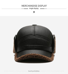 Brown PU leather winter hat for elderly