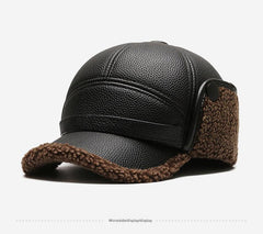 Close-up view of a PU leather ear flap cap