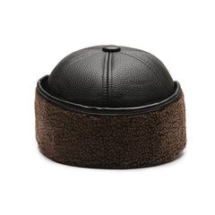 Brown PU leather winter hat for elderly