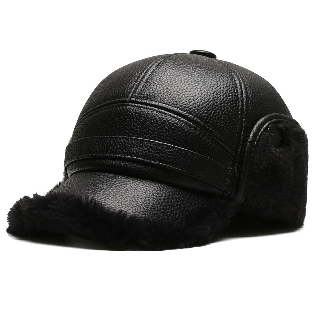 Close-up view of a PU leather ear flap cap