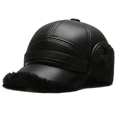Close-up view of a PU leather ear flap cap