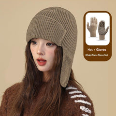 Cosy knit beanie set on a winter backdrop