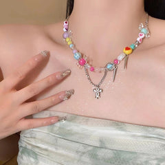 close-up of vibrant floral pearl necklace