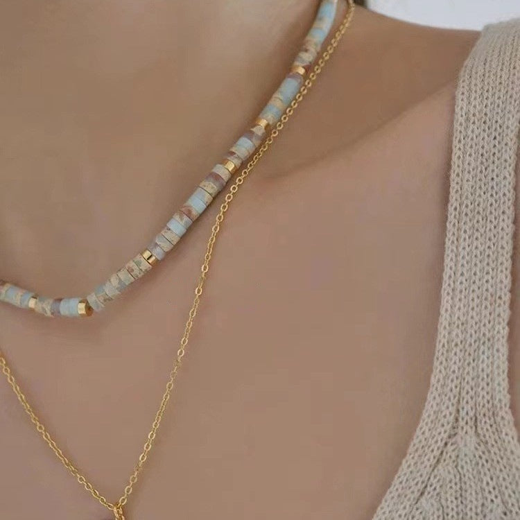 Close-up of beaded Shoushan Stone necklace