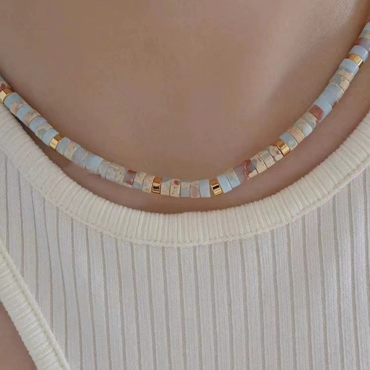 Vibrant Shoushan stone necklace on model