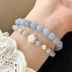 close up image of handcrafted blue beaded bracelet