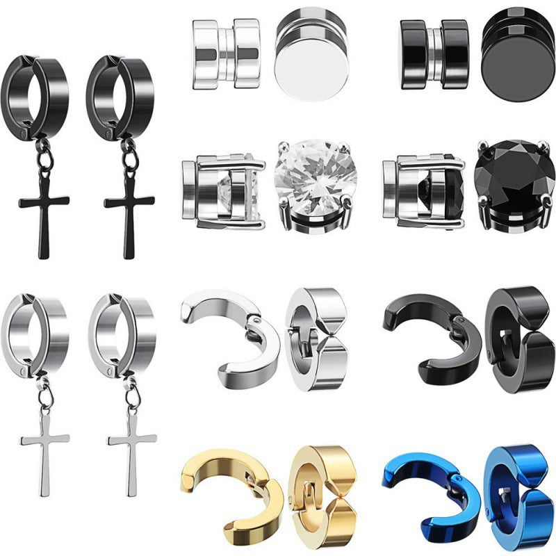trendy titanium steel cross zirconia magnetic earring 6