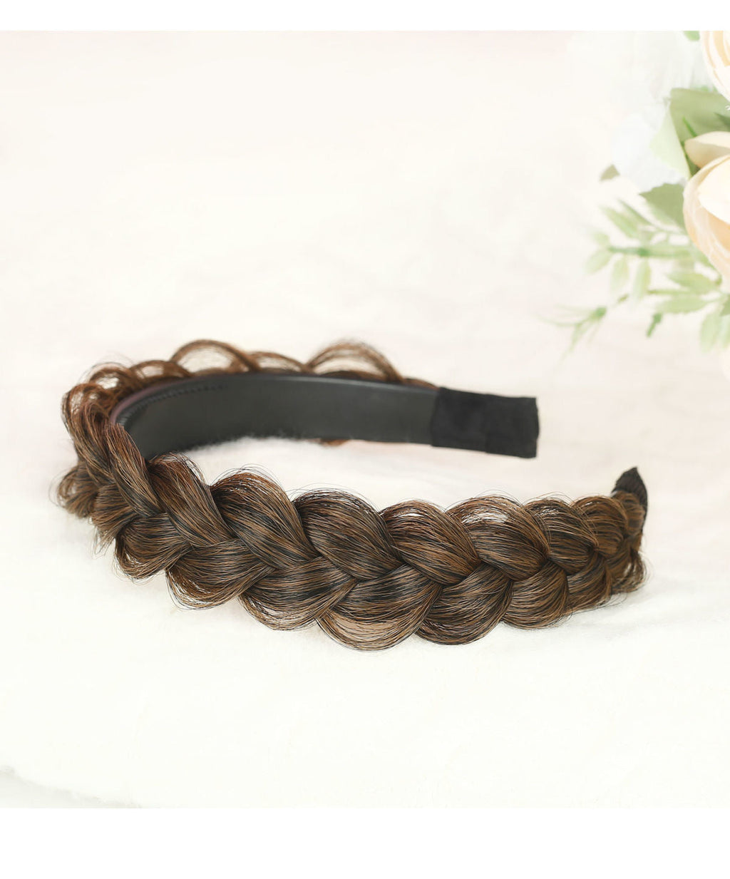 Side view of the dark brown braided hairband
