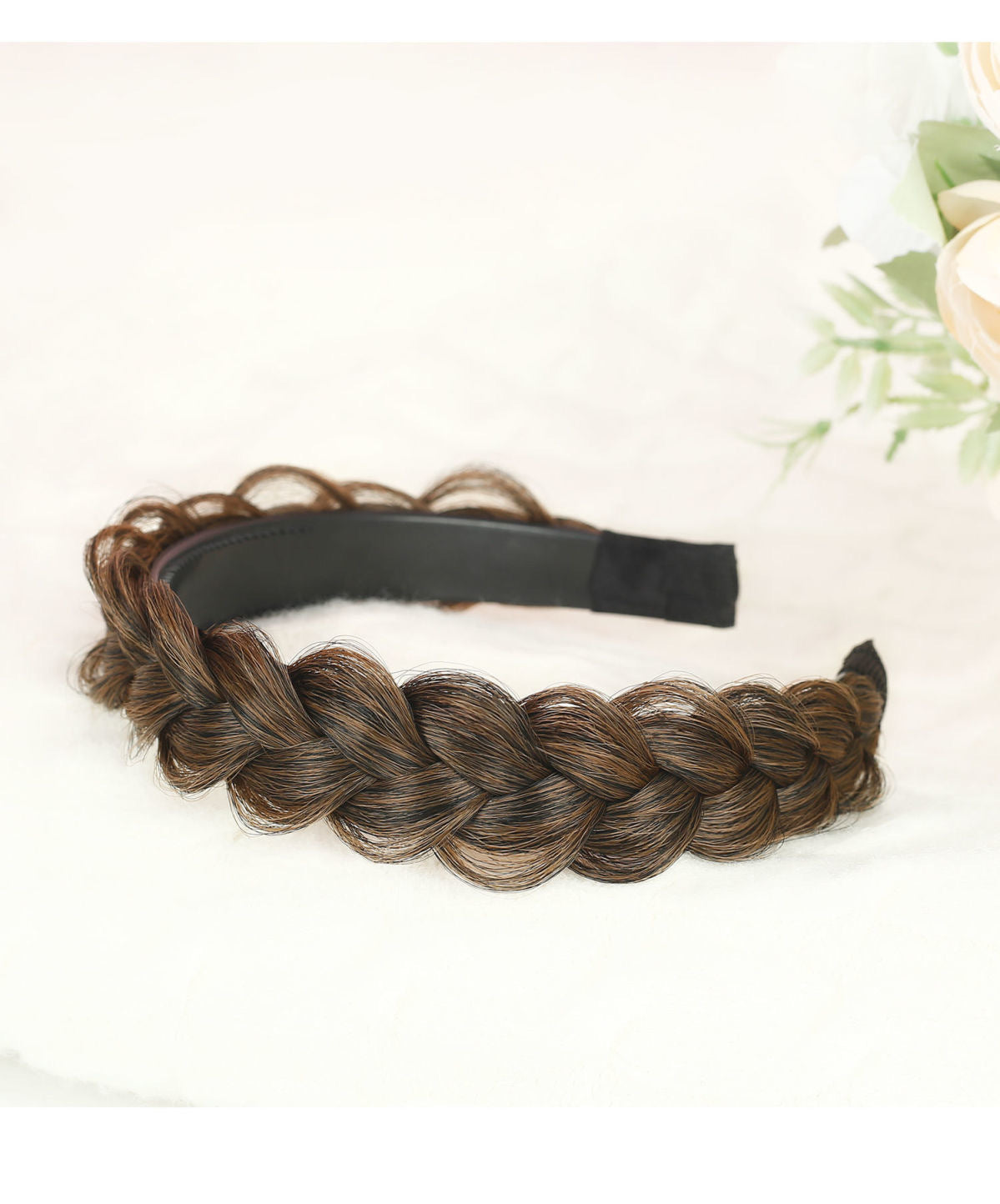Side view of the dark brown braided hairband