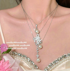 Adjustable length of butterfly pearl necklace