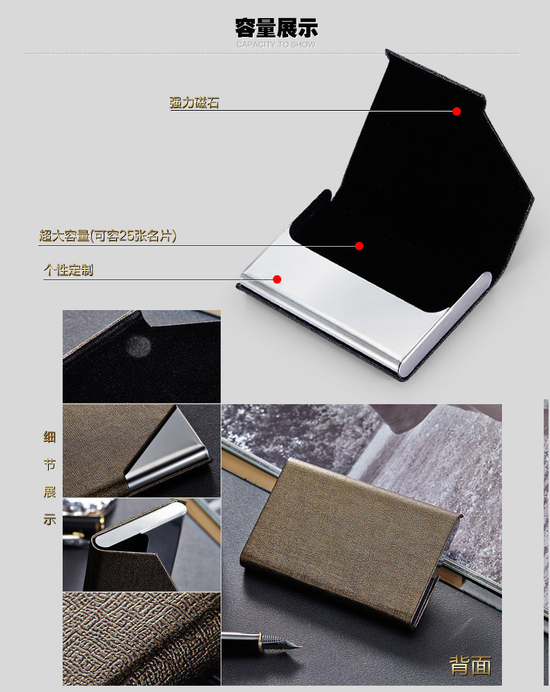 Business card holder placed on a desk with cards